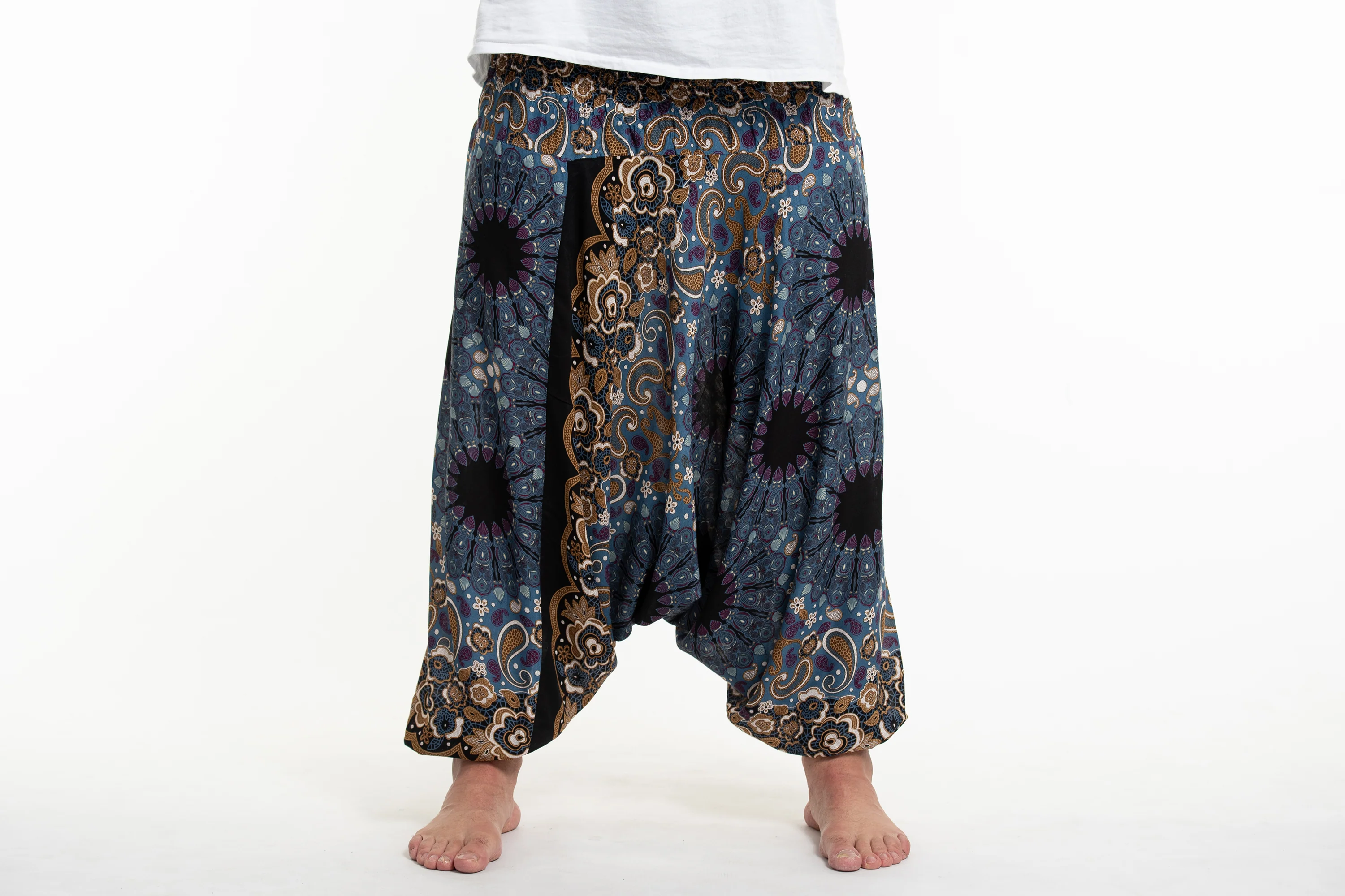 Plus Size Paisley Mandalas Drop Crotch Men's Harem Pants in Blue Gray