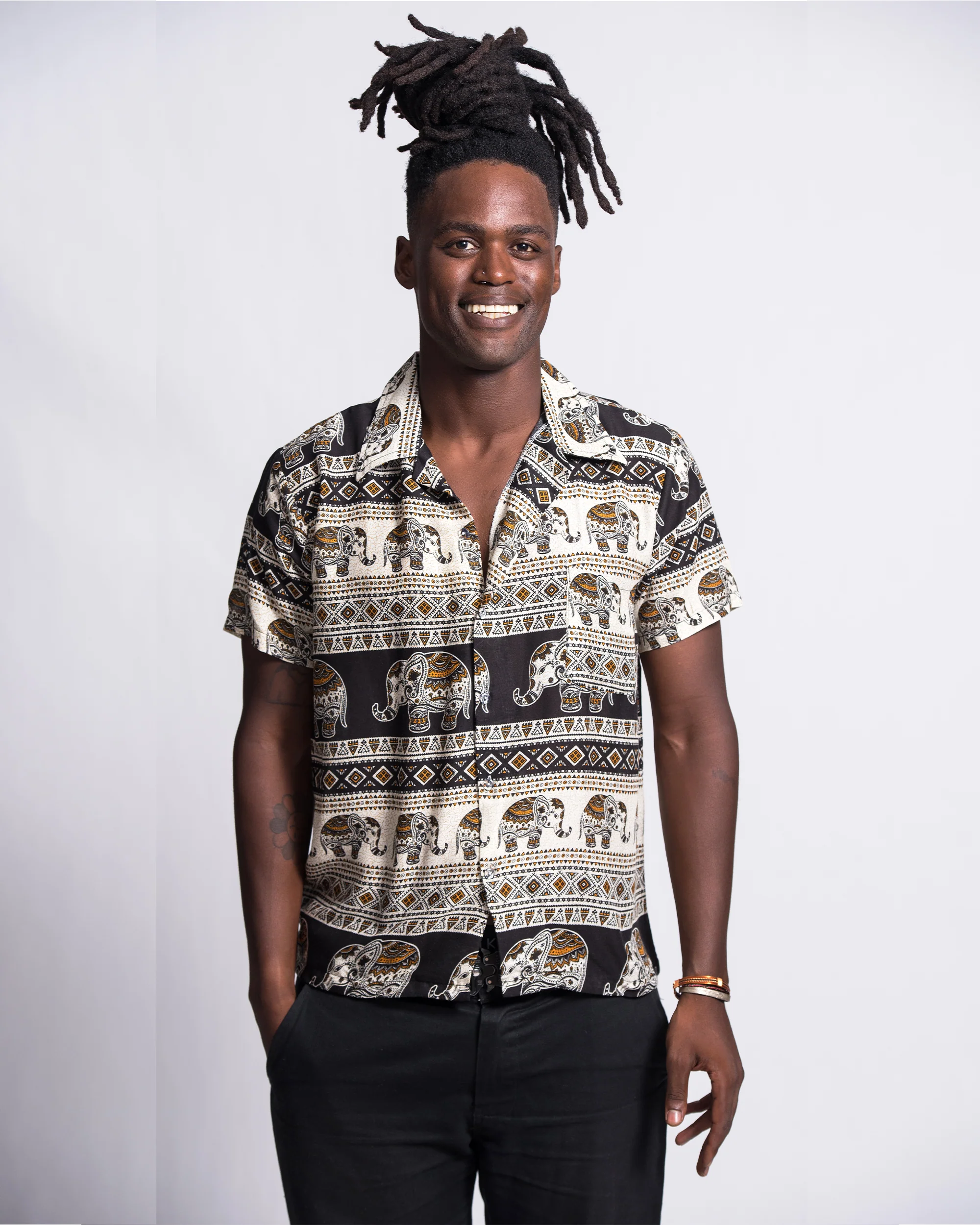 930-Tribal-Elephant-Short-Sleeve-Button-Shirt-in-Black-3.webp Tribal Elephant Short Sleeve Button Shirt in Black