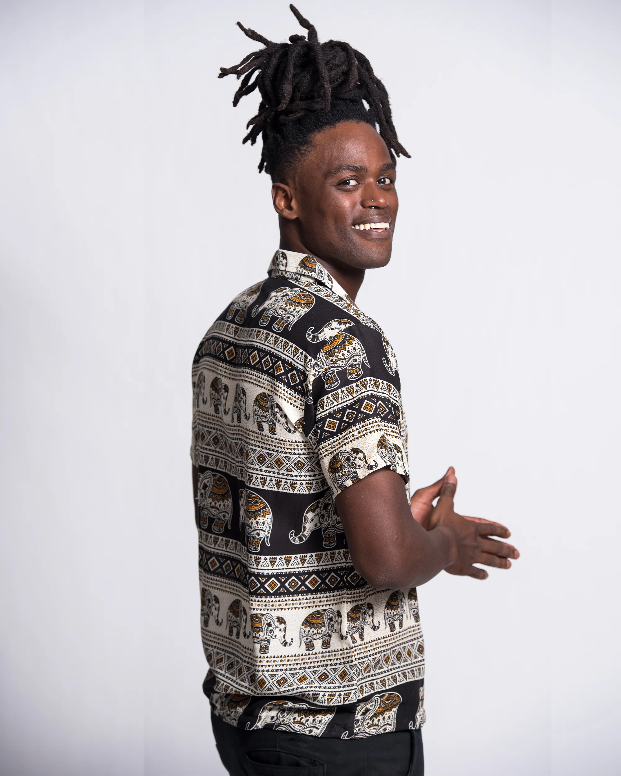 930-Tribal-Elephant-Short-Sleeve-Button-Shirt-in-Black-4.webp Tribal Elephant Short Sleeve Button Shirt in Black