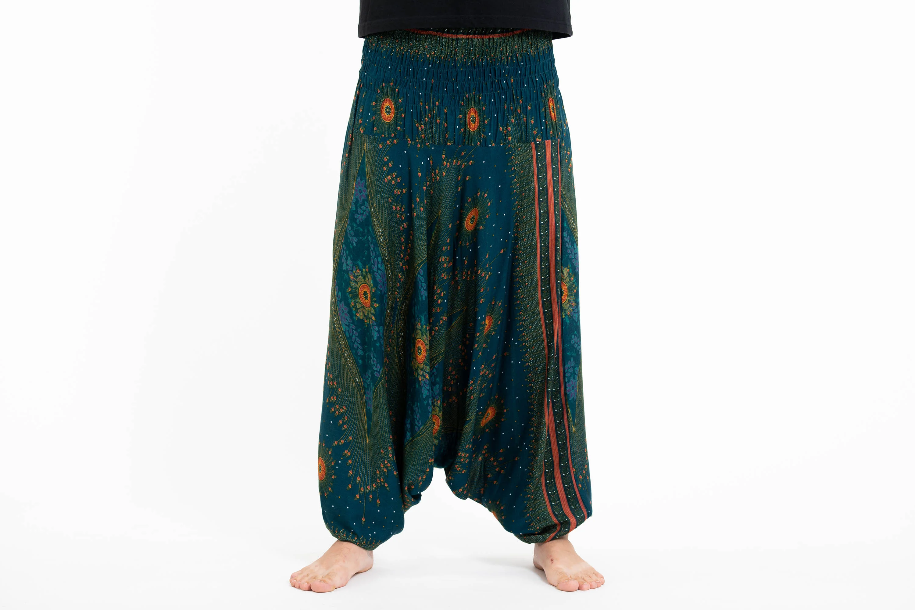 Peacock Eye Drop Crotch Men's Harem Pants in Teal