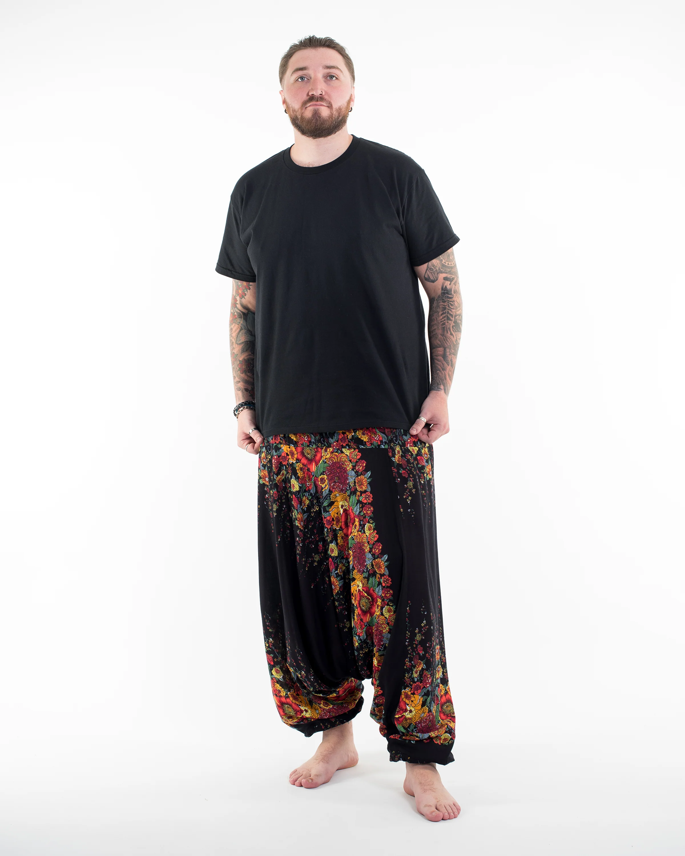Plus Size Floral Drop Crotch Men's Harem Pants in Black