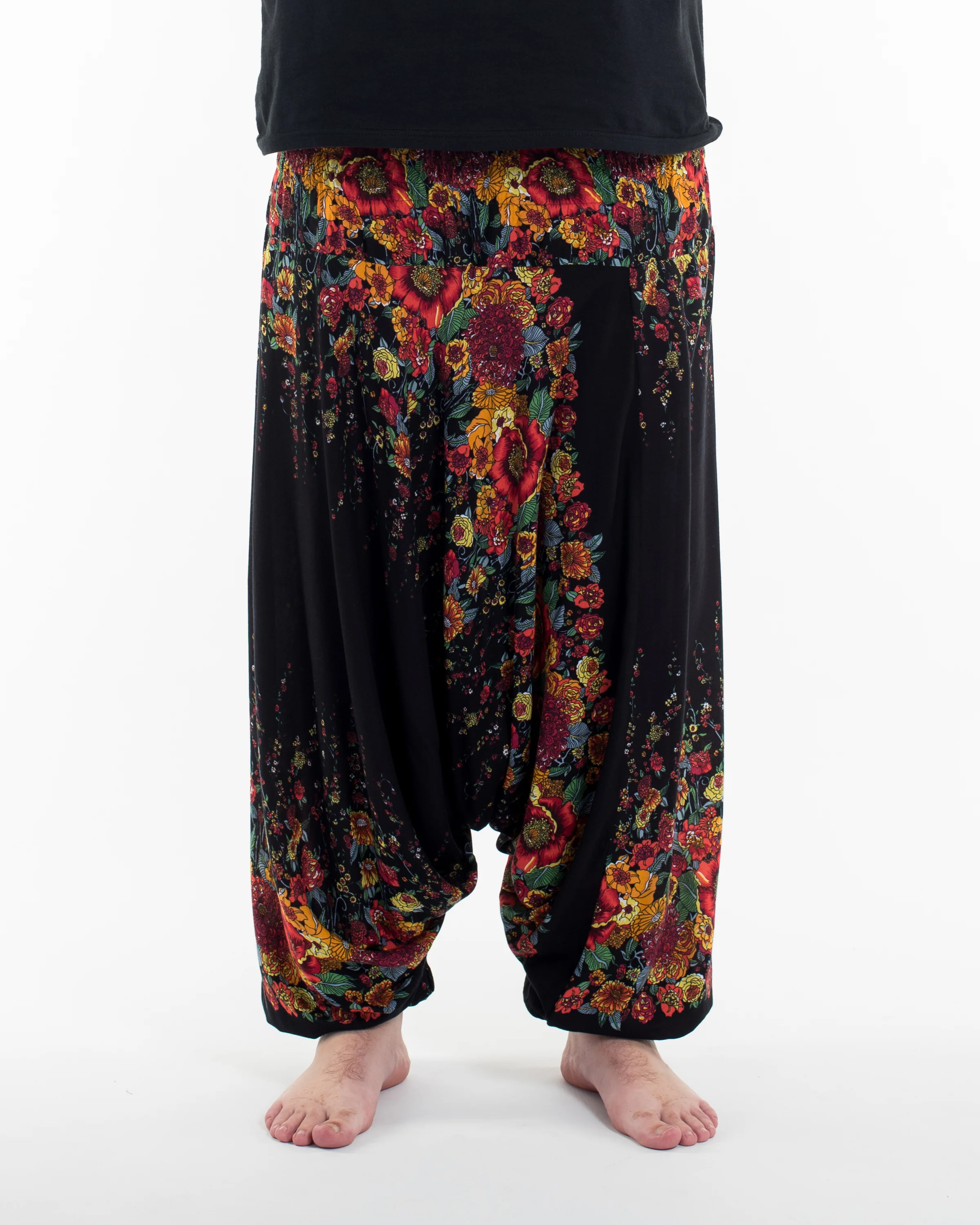 Plus Size Floral Drop Crotch Men's Harem Pants in Black