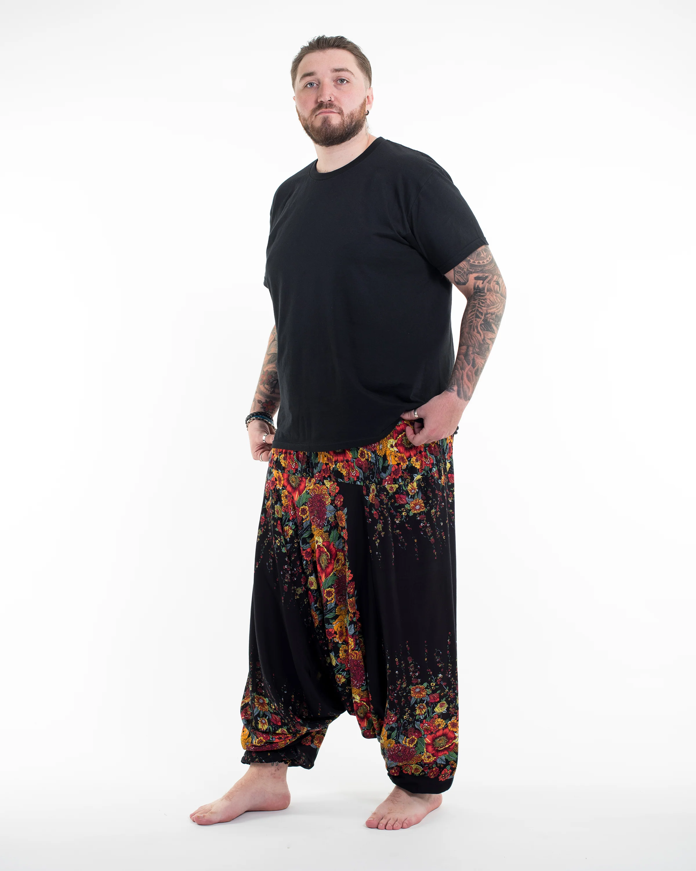 945-Plus-Size-Floral-Drop-Crotch-Men-s-Harem-Pants-in-Black-3.webp Plus Size Floral Drop Crotch Men's Harem Pants in Black