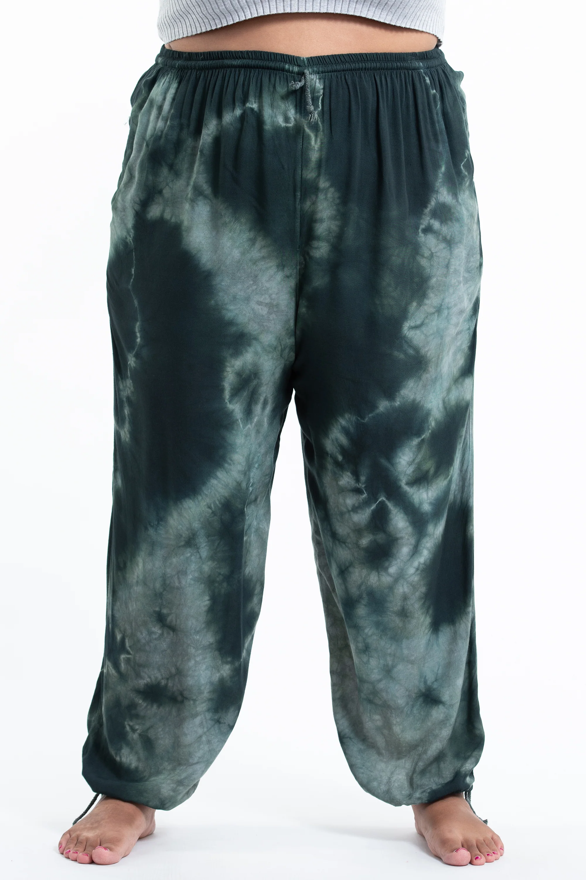 Plus Size Tie Dye Drawstring Men's Yoga Massage Pants in Dark Teal