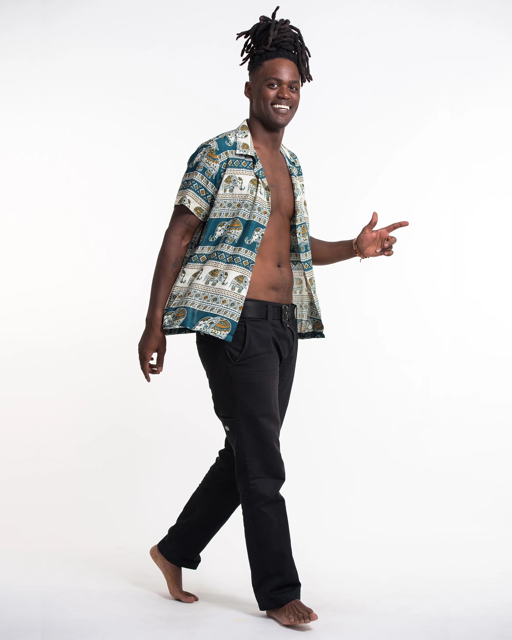 958-Tribal-Elephant-Short-Sleeve-Button-Shirt-in-Teal-3.webp Tribal Elephant Short Sleeve Button Shirt in Teal