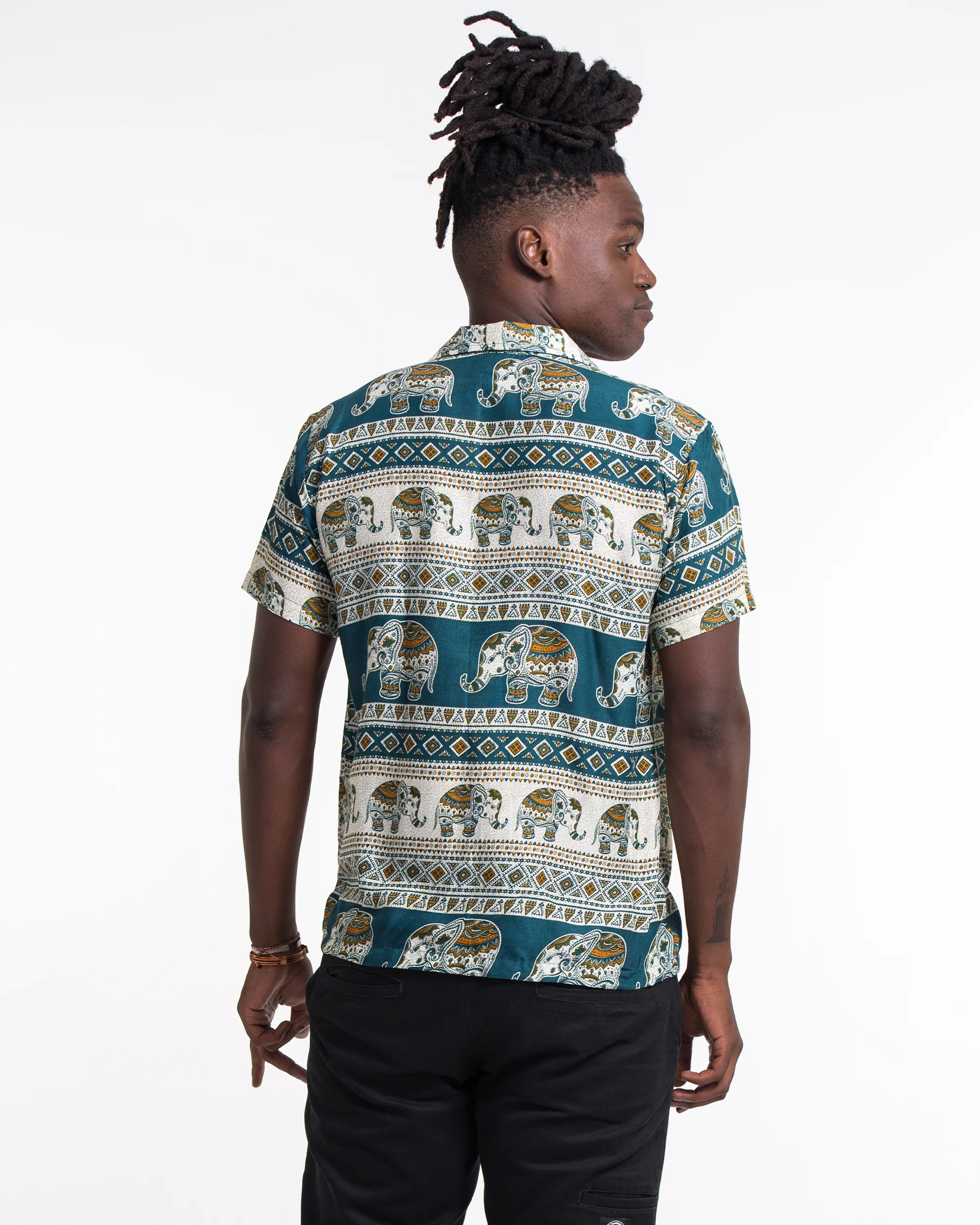 958-Tribal-Elephant-Short-Sleeve-Button-Shirt-in-Teal-4.webp Tribal Elephant Short Sleeve Button Shirt in Teal