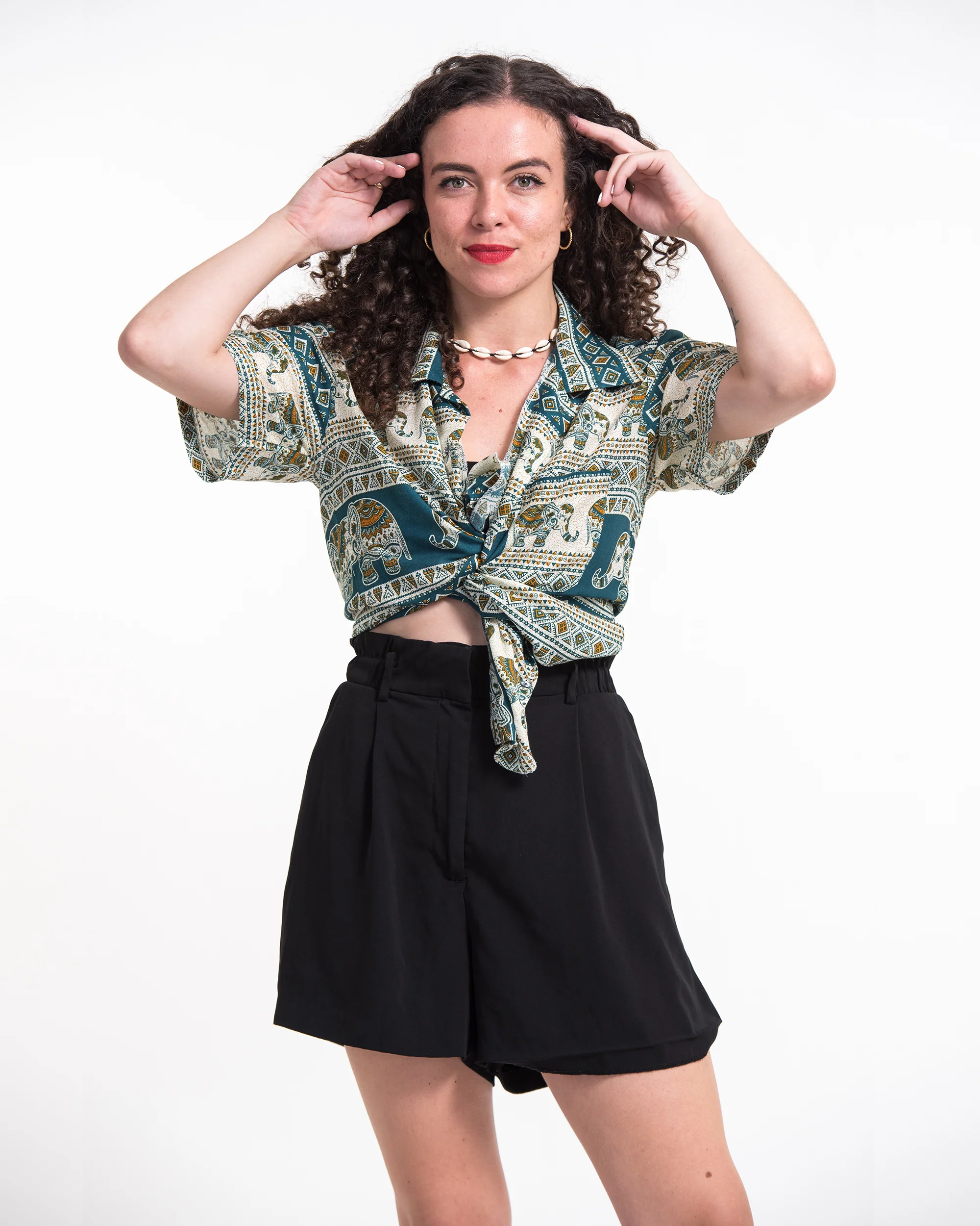 958-Tribal-Elephant-Short-Sleeve-Button-Shirt-in-Teal-5.webp Tribal Elephant Short Sleeve Button Shirt in Teal