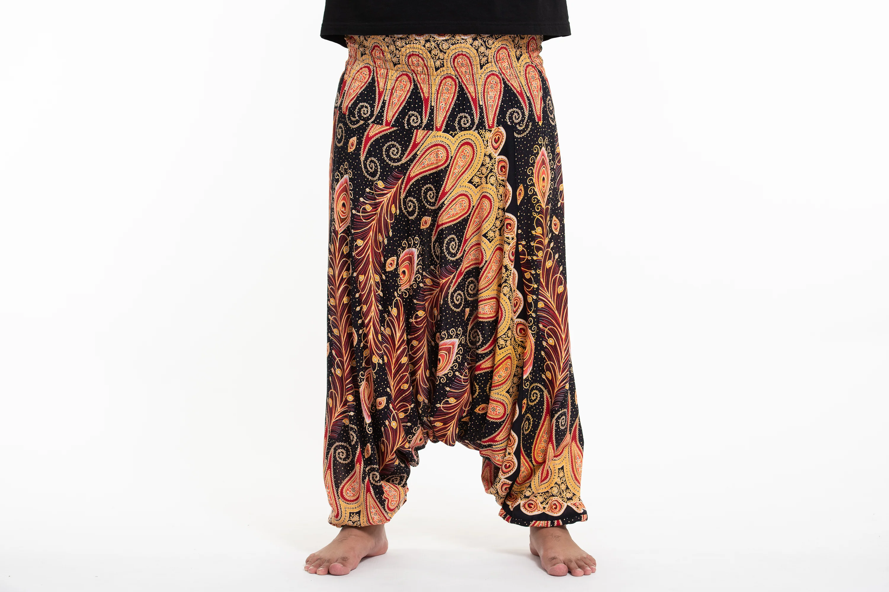 Plus Size Peacock Paisley Drop Crotch Men's Harem Pants in Black