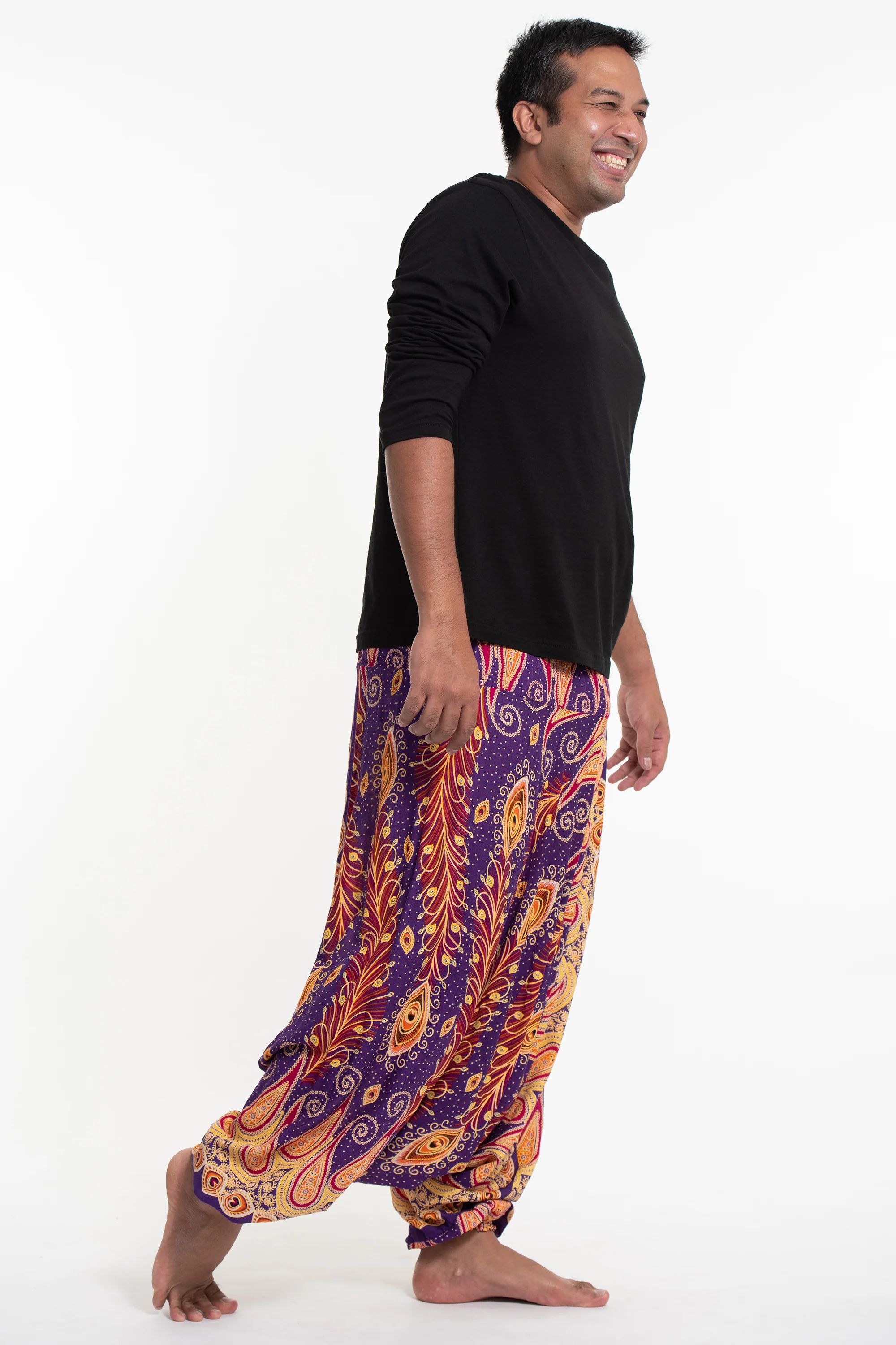 965-Plus-Size-Peacock-Paisley-Drop-Crotch-Men-s-Harem-Pants-in-Purple-3.webp Plus Size Peacock Paisley Drop Crotch Men's Harem Pants in Purple