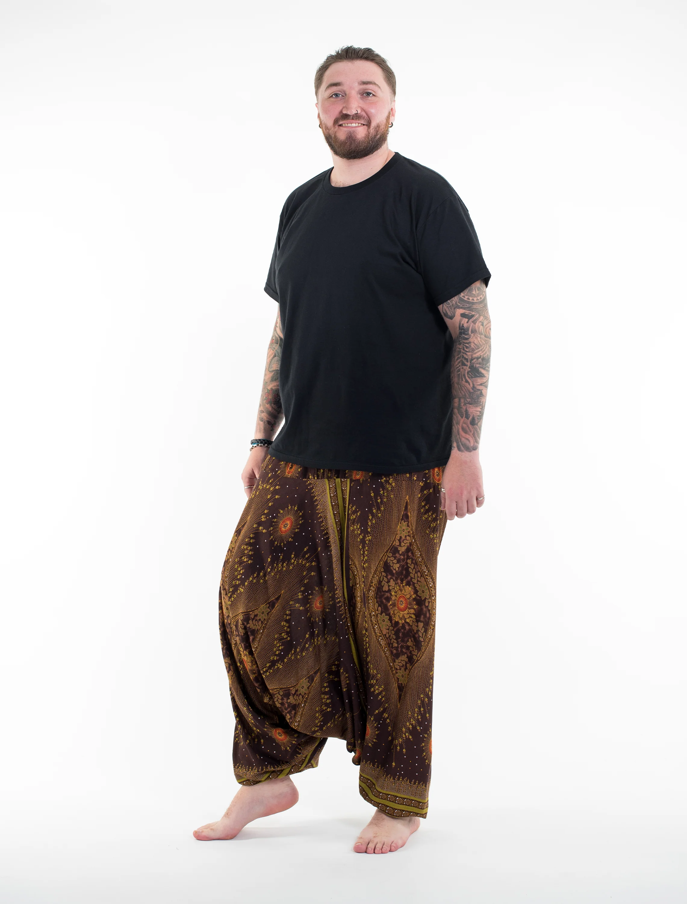 Plus Size Peacock Eyes Drop Crotch Men's Harem Pants in Brown