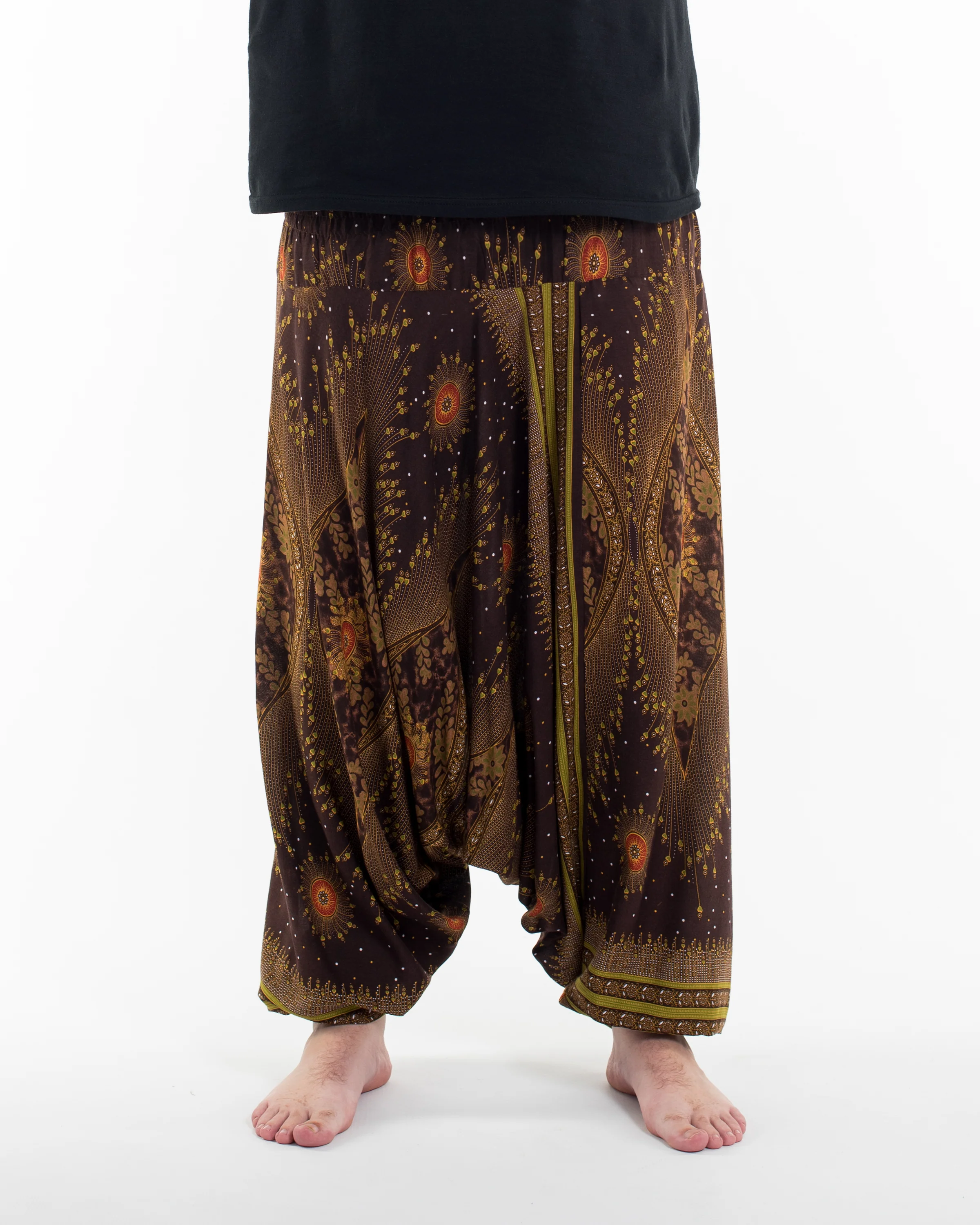 Plus Size Peacock Eyes Drop Crotch Men's Harem Pants in Brown