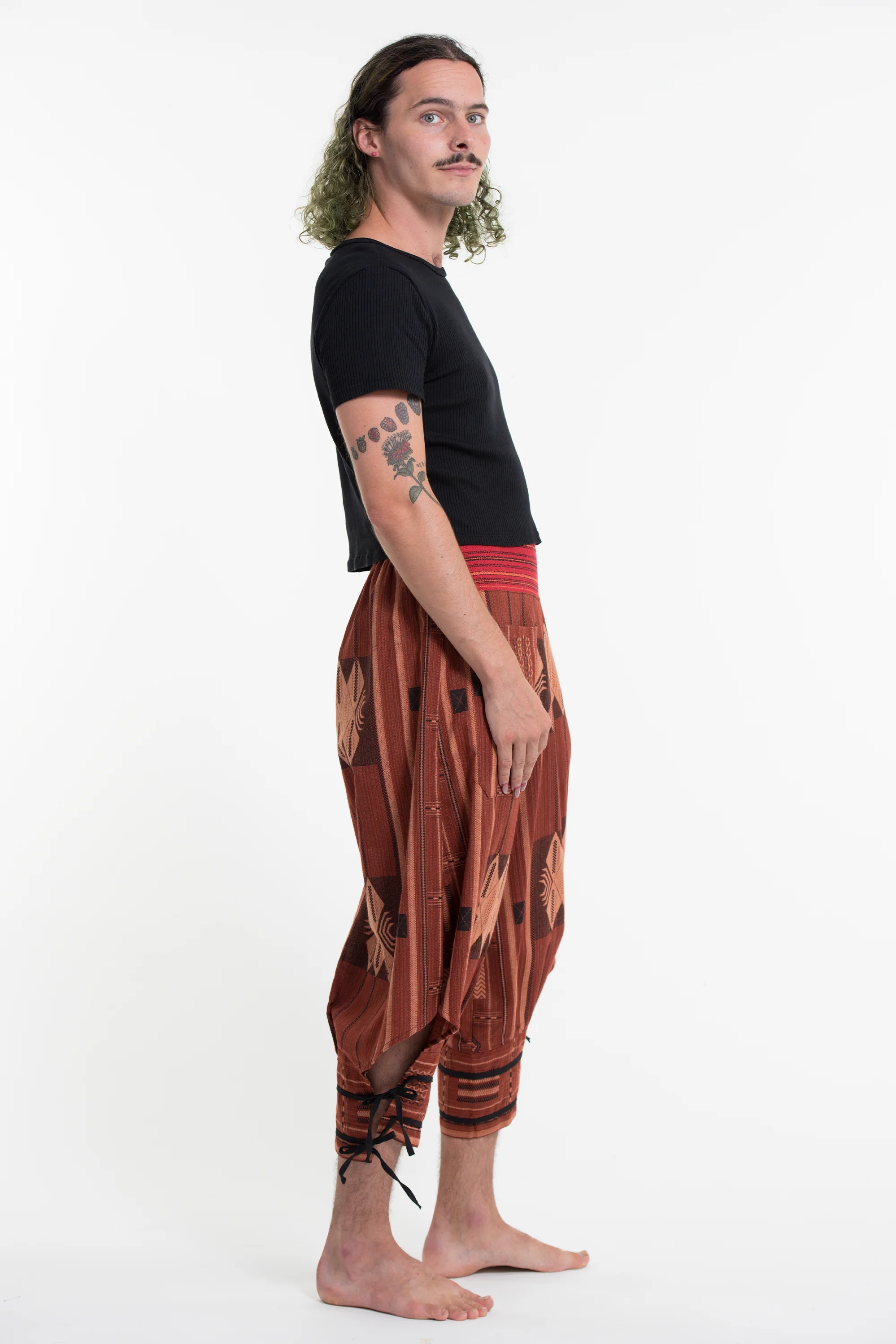 968-Thai-Hill-Tribe-Fabric-Men-Harem-Pants-with-Ankle-Straps-in-Brick-Orange-3.webp Thai Hill Tribe Fabric Men Harem Pants with Ankle Straps in Brick Orange