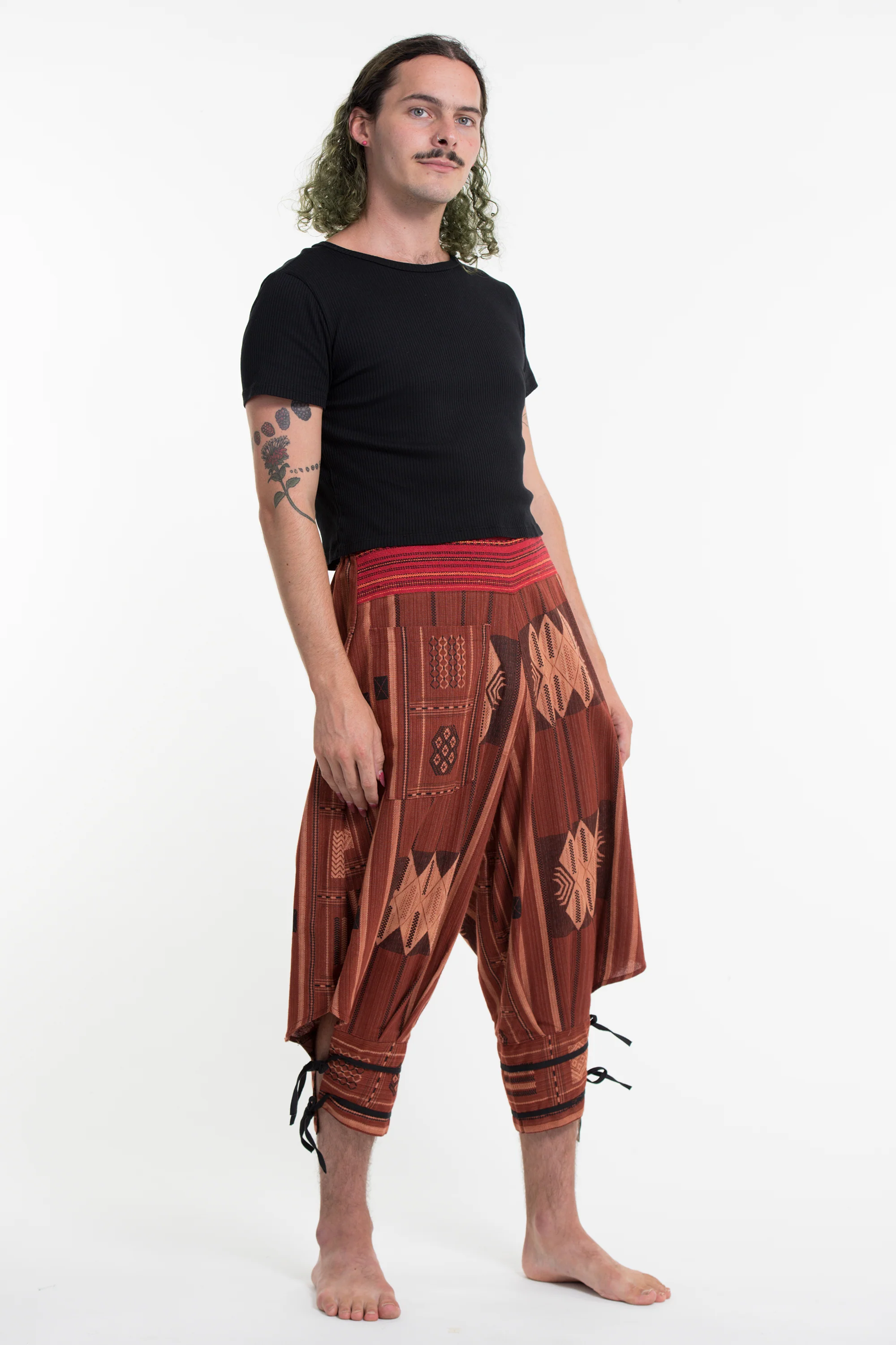 968-Thai-Hill-Tribe-Fabric-Men-Harem-Pants-with-Ankle-Straps-in-Brick-Orange-4.webp Thai Hill Tribe Fabric Men Harem Pants with Ankle Straps in Brick Orange