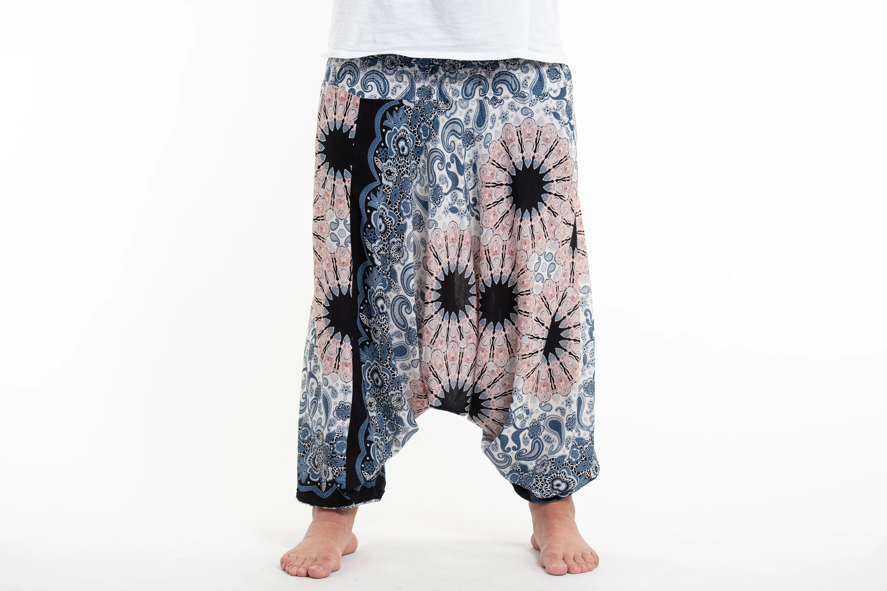 Plus Size Paisley Mandalas Drop Crotch Men's Harem Pants in Silver Gray