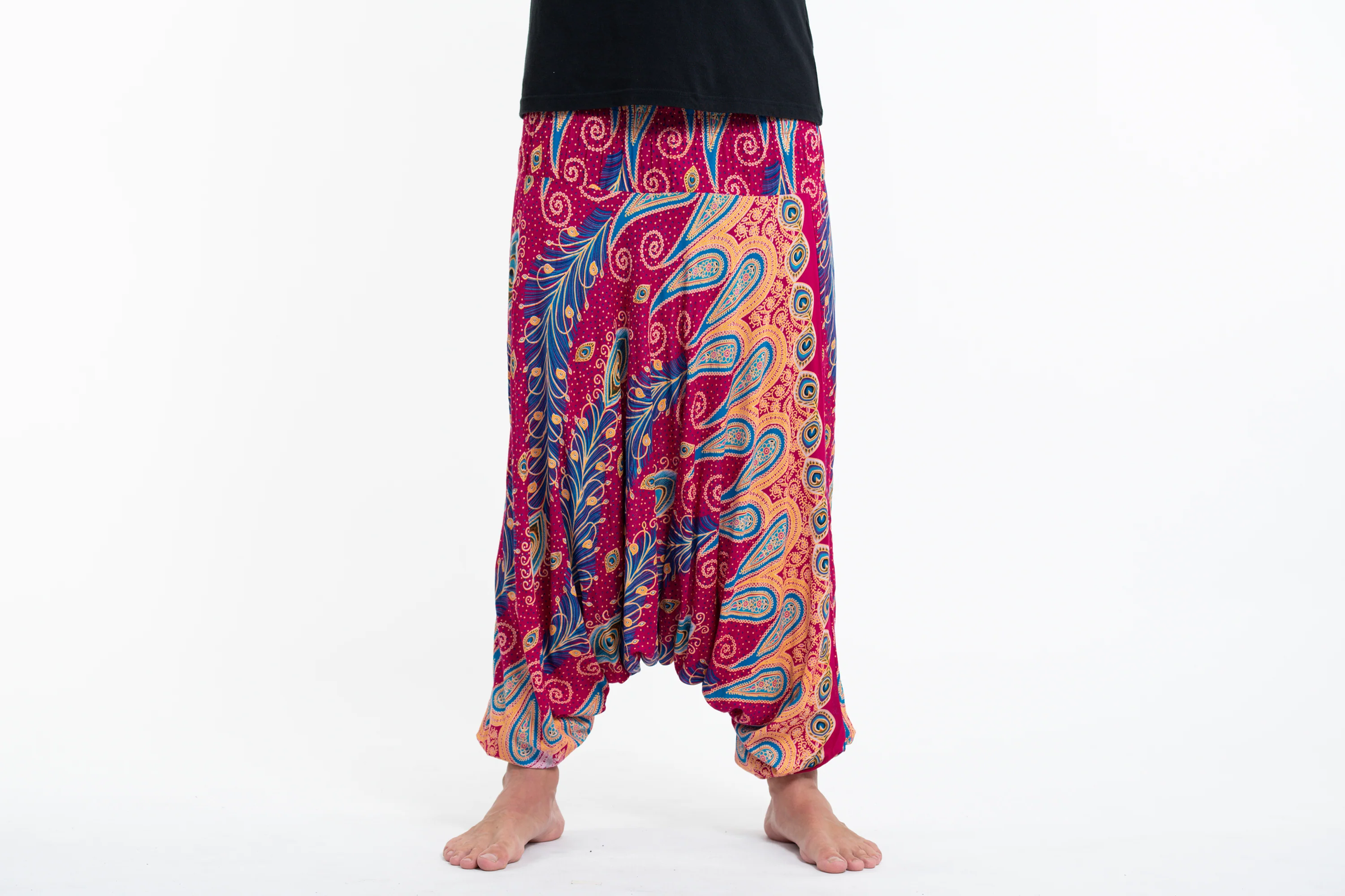 Peacock Paisley Drop Crotch Men's Harem Pants in Pink