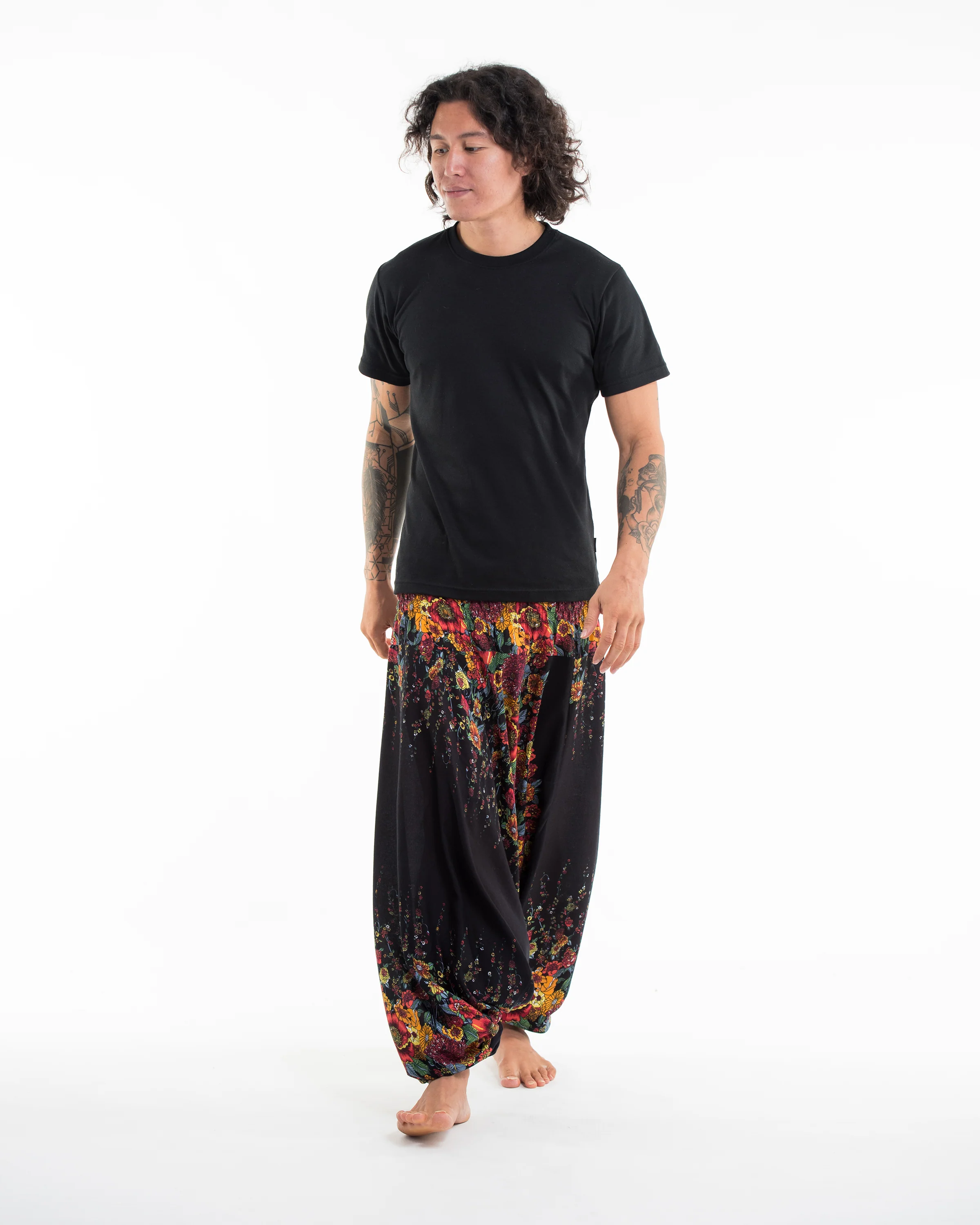 Floral Drop Crotch Men's Harem Pants in Black