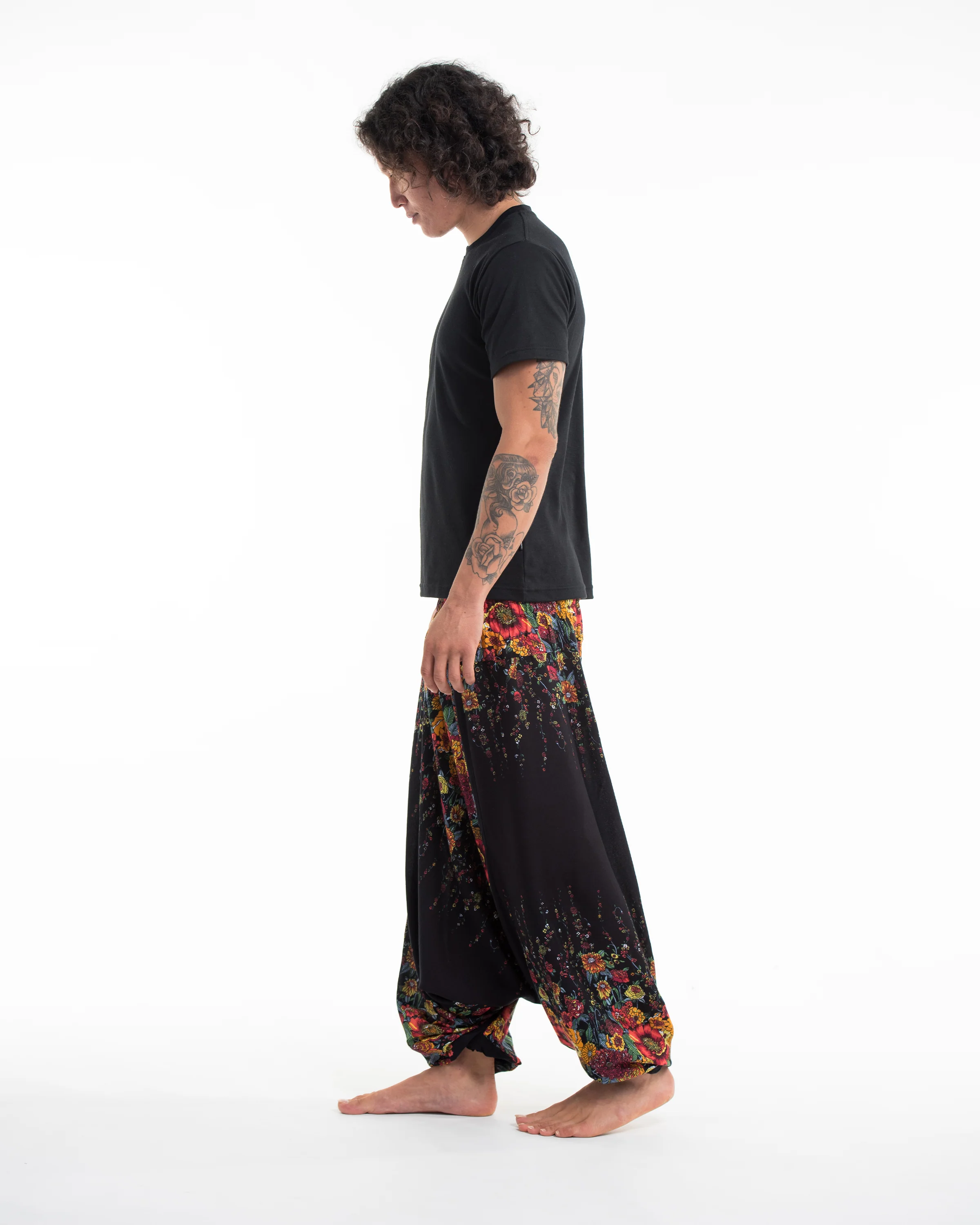 Floral Drop Crotch Men's Harem Pants in Black
