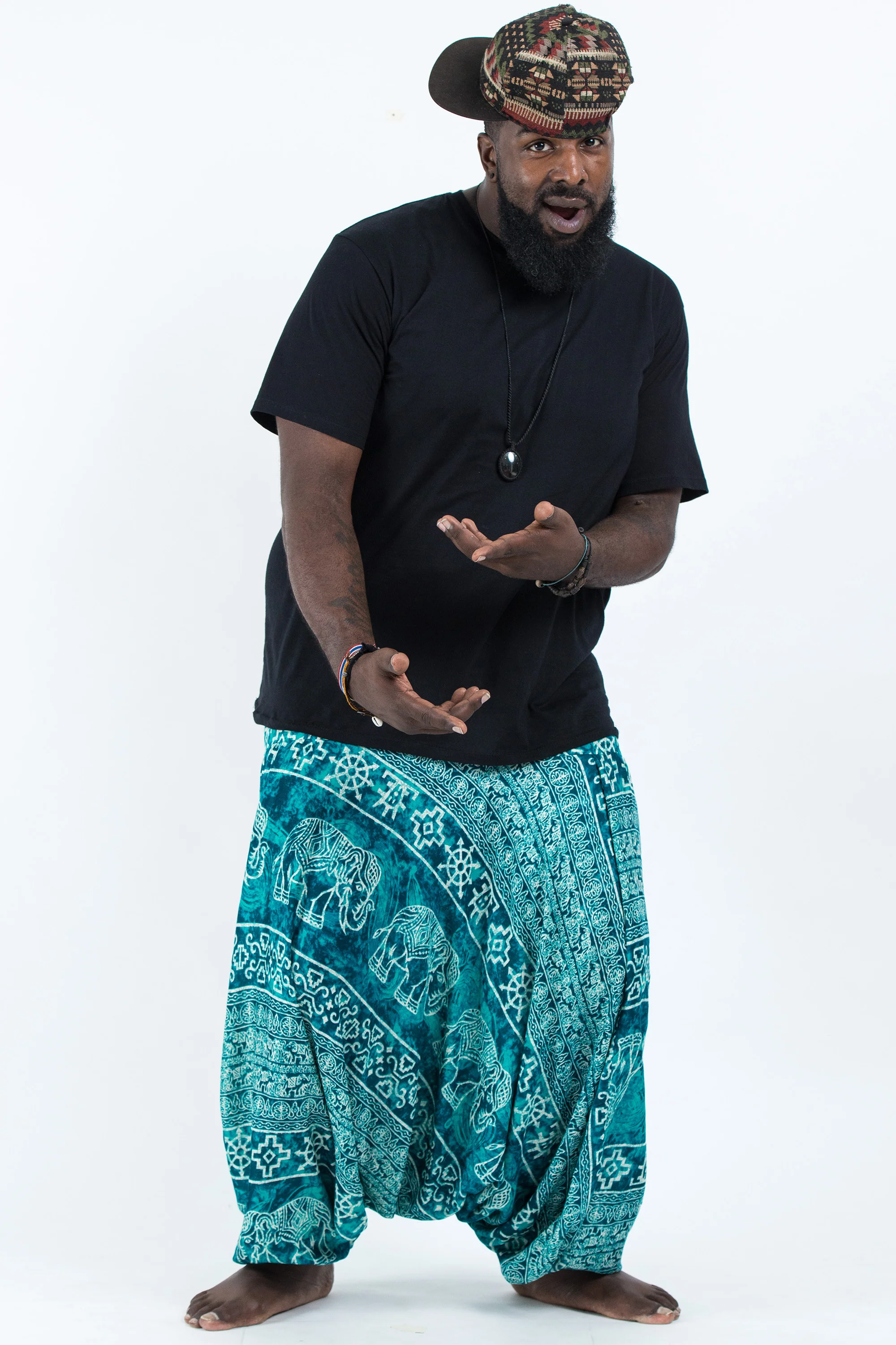 Plus Size Marble Elephant Drop Crotch Men's Elephant Pants in Turquoise