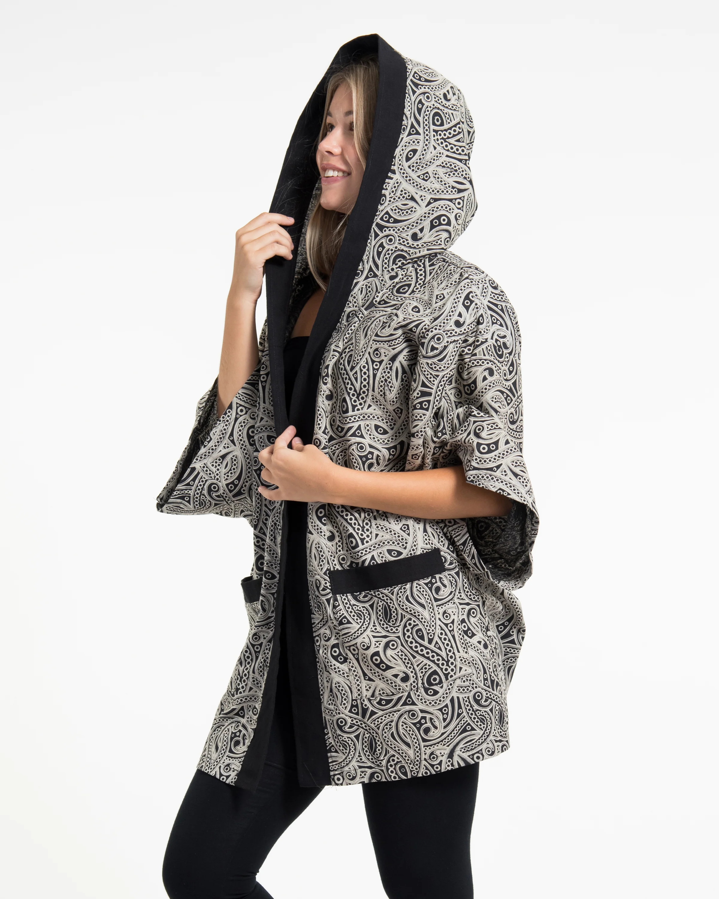 Paisley Print Cotton Hoodie Kimono Cardigan in Black