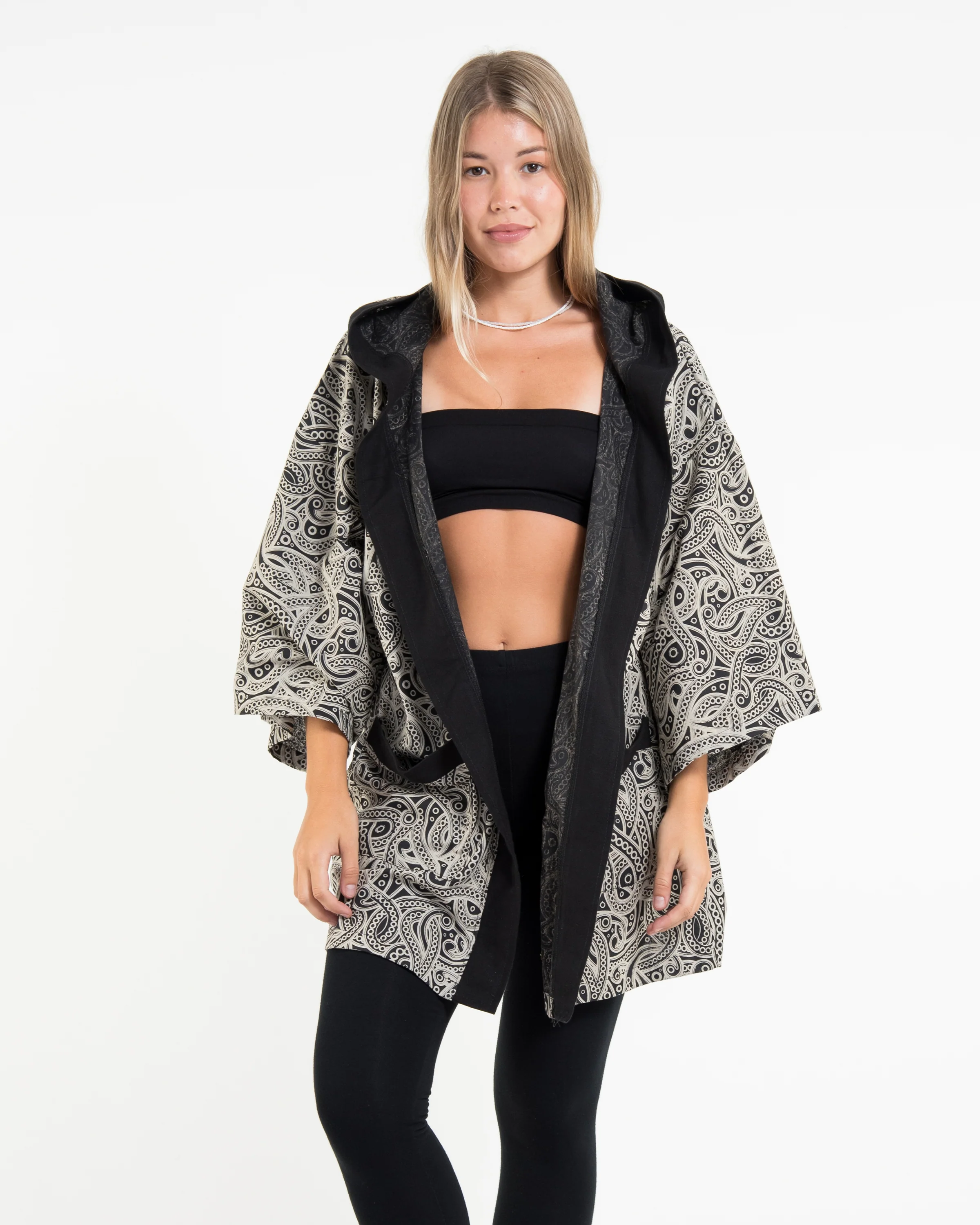 Paisley Print Cotton Hoodie Kimono Cardigan in Black